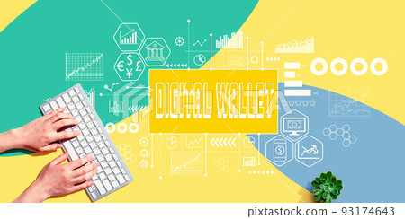 Digital Wallet theme with person using computer keyboard 93174643