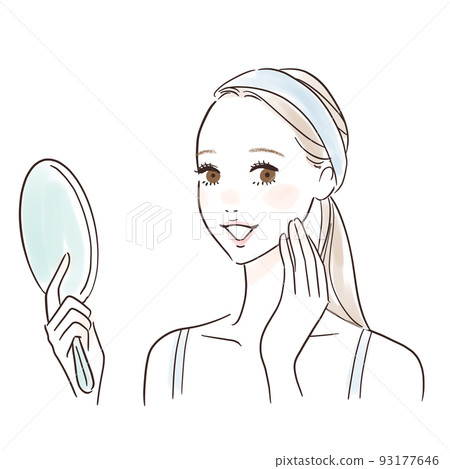 Smiling woman happy looking at her skin in the mirror 93177646