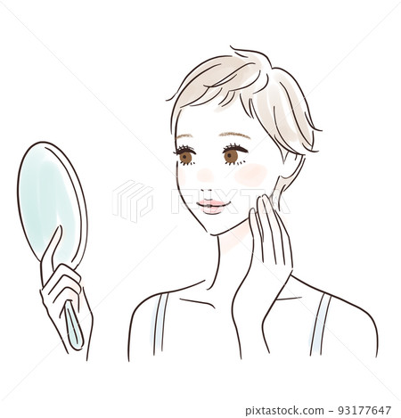 A woman with a short haircut looking at a hand mirror and checking her skin A woman with a short haircut looking at a hand mirror and checking her skin 93177647