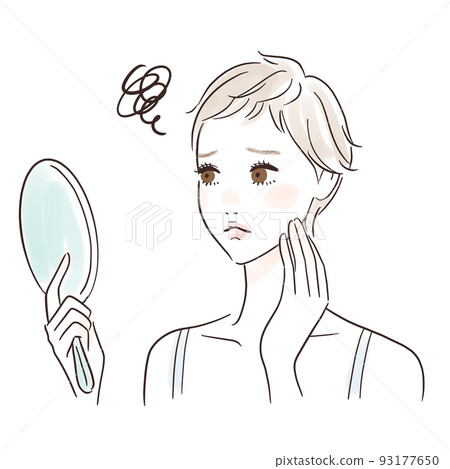 Worried about skin condition Woman looking at hand mirror Short hair 93177650