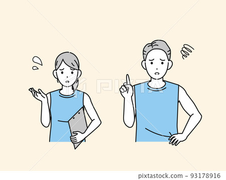 Point out, be careful, sports instructor, trainer, man and woman, illustration 93178916
