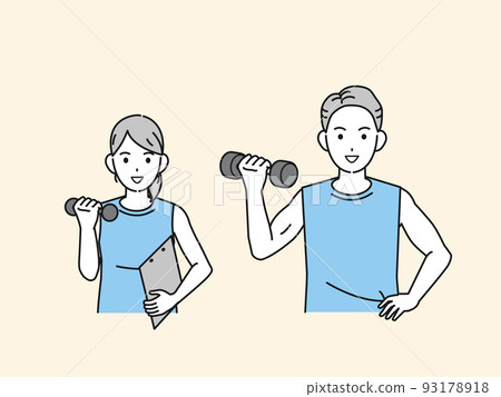 Sports instructor trainer male and female illustration recommending muscle training Sports instructor trainer male and female illustration recommending muscle training 93178918