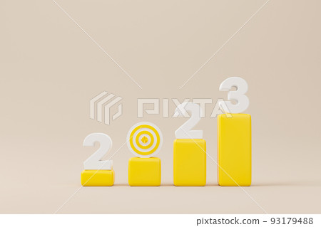 Dartboard and arrow with year 2023 on graph bar. 3d rendering illustration 93179488