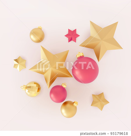 Merry Christmas and Happy New Year. Festive background with 3D realistic Christmas decorations. 93179618