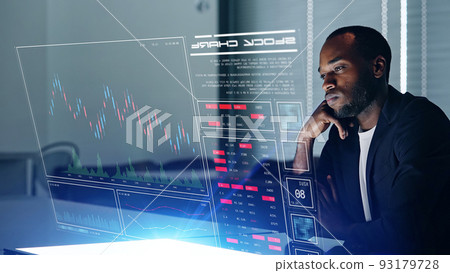 Black man looking at the hologram screen Black man looking at the hologram screen 93179728