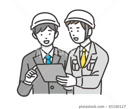 Vector illustration material of a worker explaining on a tablet / Architecture / IT / Logistics / DX 93180127