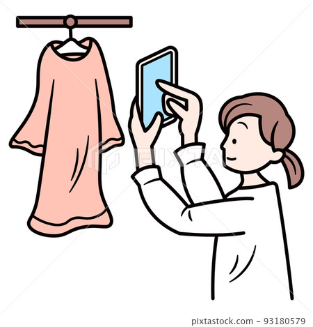 Illustration material of an Asian woman taking a picture of clothes with a smartphone Illustration material of an Asian woman taking a picture of clothes with a smartphone 93180579