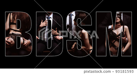 BDSM inscription on background of a sexy submissive girl and dominant man with a whip and handcuffs. Concept collage of erotic role-playing games with submission and domination 93181593