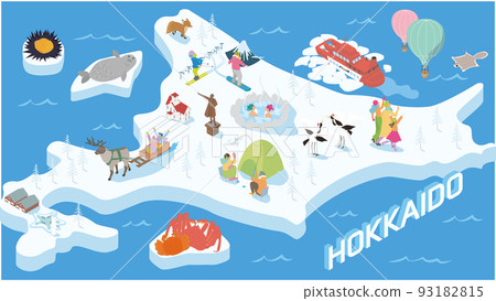 An isometric illustration summarizing gourmet food, activities, and sightseeing spots in Hokkaido in winter An isometric illustration summarizing gourmet food, activities, and sightseeing spots in Hokkaido in winter 93182815