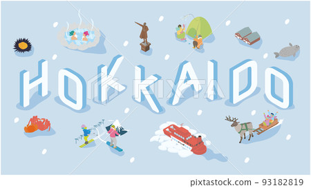 An isometric illustration summarizing gourmet food, activities, and sightseeing spots in Hokkaido in winter 93182819