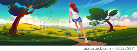 Countryside scene with girl runs on road 93183597