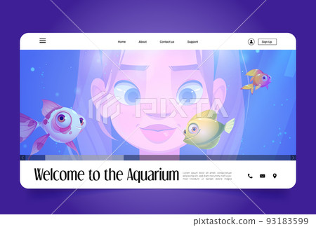 Aquarium banner with girl watching at cute fish Aquarium banner with girl watching at cute fish 93183599