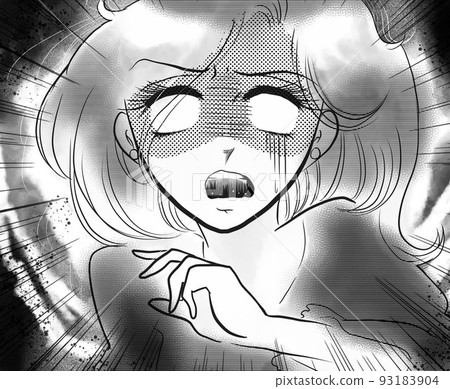 70 年代女孩卡通臉黑白插圖一個受驚的女人，蒼白的眼睛 93183904
