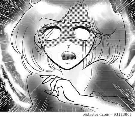 70 年代女孩卡通臉黑白插圖一個受驚的女人，蒼白的眼睛 93183905