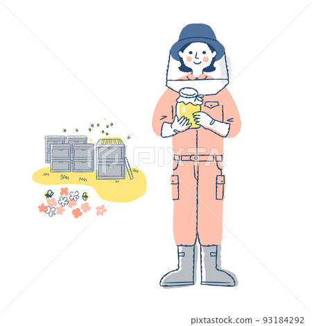 Bee farmer woman holding honey and apiary 93184292