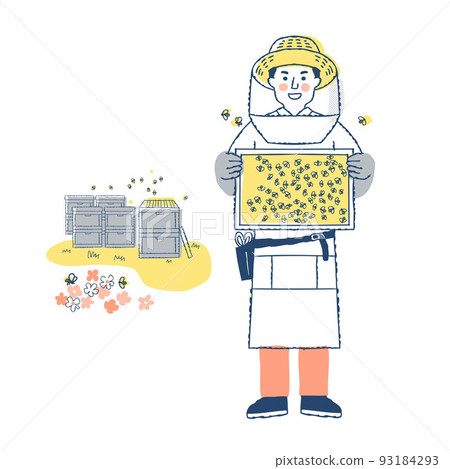 拿著蜂箱板和養蜂場的養蜂人 93184293