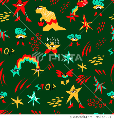 Dinosaurs, stars, eyes, rainbows, spots are fun seamless pattern in naive style. Children illustration. For printing on fabric and paper. Vector illustration. 93184294