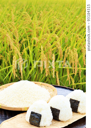 Autumn rice field and bowl of rice balls Autumn rice field and bowl of rice balls 93184315