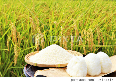 Autumn rice field and bowl of rice balls 93184317