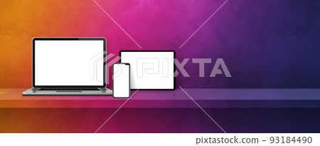 Laptop, mobile phone and digital tablet pc on rainbow wall shelf. Banner background Laptop, mobile phone and digital tablet pc on rainbow wall shelf. Banner background 93184490
