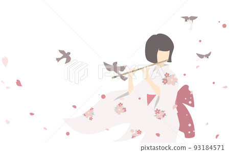 一個穿著浴衣的女人吹著哨子，一隻麻雀飛來飛去 93184571