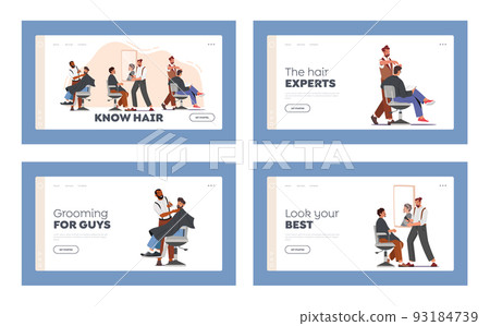Men Beauty Salon Landing Page Template Set. Male Characters Visit Barbershop. Hairdresser Barbers Serving Clients Men Beauty Salon Landing Page Template Set. Male Characters Visit Barbershop. Hairdresser Barbers Serving Clients 93184739