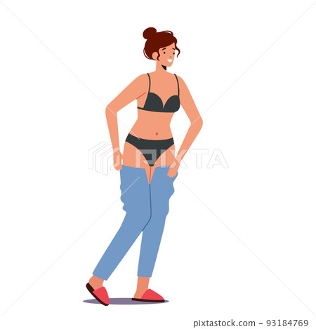 Young Female Character Dressing Up, Caucasian Woman Put on Jeans at Morning, Prepare to go at Work Isolated White 93184769