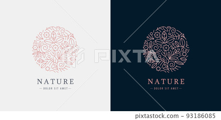 Vector linear plant logo. Circle luxury organic emblem. Abstract badge for natural products, flower shop, cosmetics, ecology concepts, health, spa, yoga center. Leaves and florals icon. 93186085