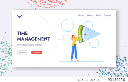 Time Management Landing Page Template. Businesswoman Character Holding Clock Timer Piece. Tasks Allocation, Control 93186258