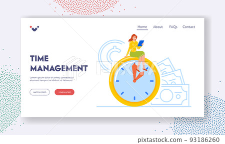 Time Management Landing Page Template. Confident Businesswoman Sitting on Huge Clock with Tablet Pc in Hands 93186260
