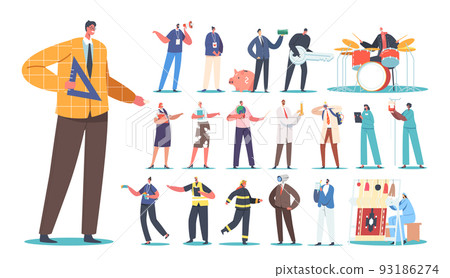 Set Of Male And Female Characters Different Professions. Men And Women Teacher, Volunteer, Promoter, Robber, Banker Set Of Male And Female Characters Different Professions. Men And Women Teacher, Volunteer, Promoter, Robber, Banker 93186274