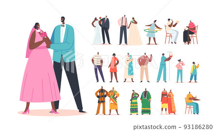 Set of African Characters, Black Newlywed Couples, Children, Modern and Traditional Authentic Pairs, Kids, Men and Women 93186280