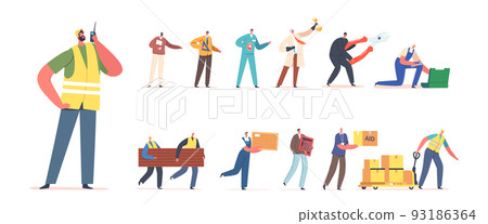 Set Male Characters Different Professions. Men Worker, Loader with Box and Construction Materials, Calculator, Toolbox Set Male Characters Different Professions. Men Worker, Loader with Box and Construction Materials, Calculator, Toolbox 93186364