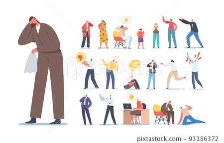 Set Of Male And Female Characters With Negative Emotions. Unhappy Men And Women Feel Sadness, Crying, Yelling, Angry Set Of Male And Female Characters With Negative Emotions. Unhappy Men And Women Feel Sadness, Crying, Yelling, Angry 93186372