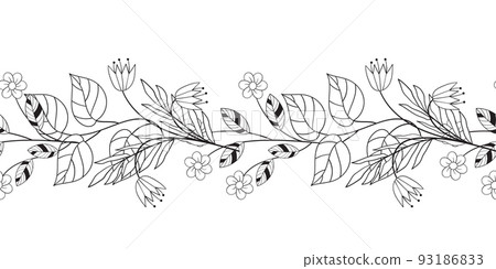 Vintage rustic seamless pattern border with floral motif. Flowers black and white line illustration. Bell flower and daisy with leaves. Vintage rustic seamless pattern border with floral motif. Flowers black and white line illustration. Bell flower and daisy with leaves. 93186833