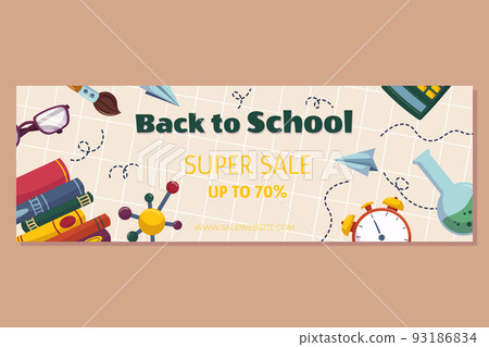 Colorful back to school sale offer banner template with different studying supplies - glasses paper airplane, stack of books test tube. Vector illustration design with copy space. 93186834