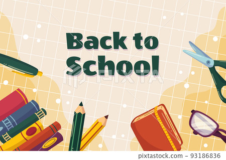 Colorful back to school background template with different studying supplies - books stack, pen and pencils, scissors glasses and notebook. Vector illustration design with copy space. 93186836