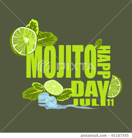 National Mojito Day July 11 vector Poster with lime, mint and cubes of ice vector design. 93187305