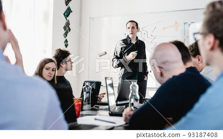 Relaxed informal IT business startup company team meeting. Relaxed informal IT business startup company team meeting. 93187408
