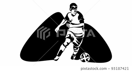 Football, soccer player kicking ball. Isolated vector silhouette. Football defender, striker or goalkeeper 93187421
