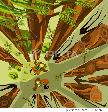 Conceptual illustration about cutting down trees and forests and the impact of this on the environment and humans. ecocatastrophe 93187636