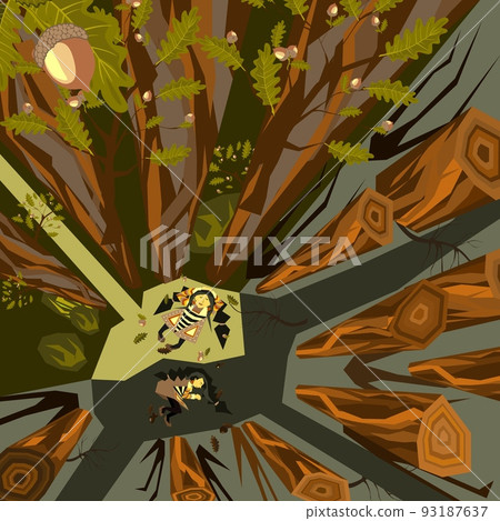 Conceptual illustration about cutting down trees and oak forests and the impact of this on the environment and humans. Ecocatastrophe Conceptual illustration about cutting down trees and oak forests and the impact of this on the environment and humans. Ecocatastrophe 93187637