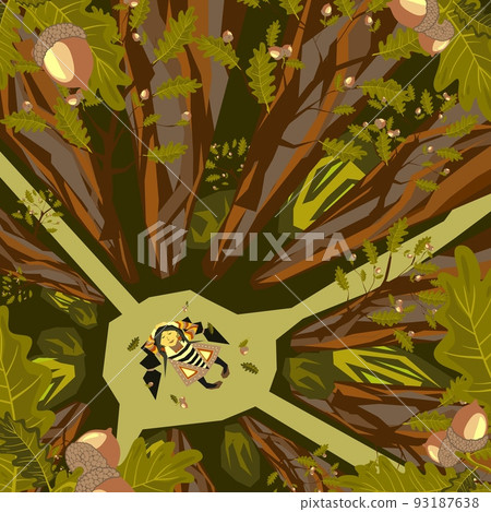 Conceptual vector illustration about the importance of forest conservation. Boho style dressed girl lies on the ground in a oak forest 93187638