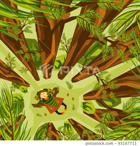Conceptual vector illustration about the importance of forest conservation. Boho style dressed girl lies on the ground in a pine forest Conceptual vector illustration about the importance of forest conservation. Boho style dressed girl lies on the ground in a pine forest 93187711