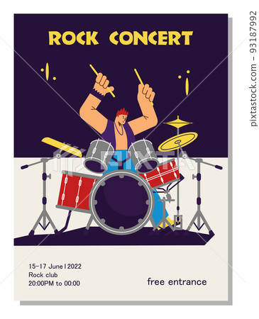Poster of rock concert with playing drummer character flat style 93187992