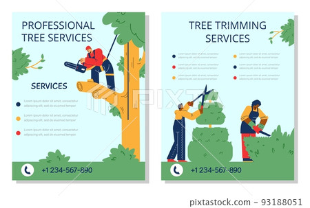 Professional tree trimming services advertising leaflet, flat vector illustration. 93188051