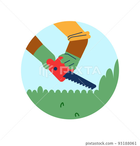 Gardener trimming bush or hedge with saw, round icon flat vector illustration. Gardener trimming bush or hedge with saw, round icon flat vector illustration. 93188061