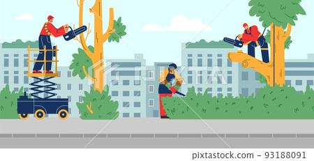 Panorama about tree trimming scene flat style, vector illustration 93188091