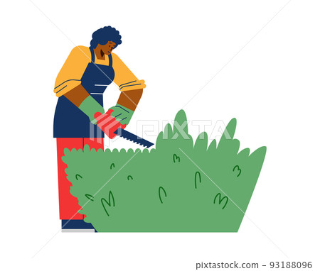 Woman trimming bush or hedge with saw, flat vector illustration isolated on white background. 93188096