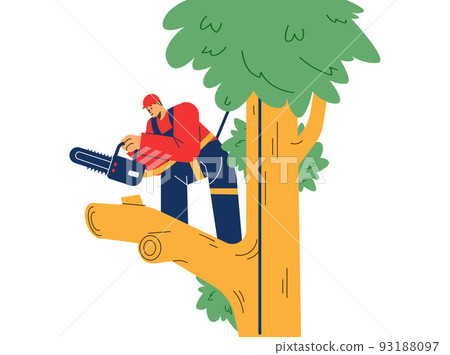 Smiling man in special costume doing tree trimming flat style, vector illustration 93188097